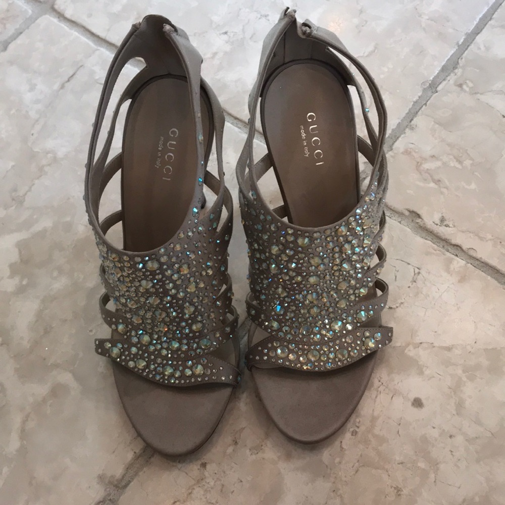 Gucci Swarovski crystal dark tan silk heels